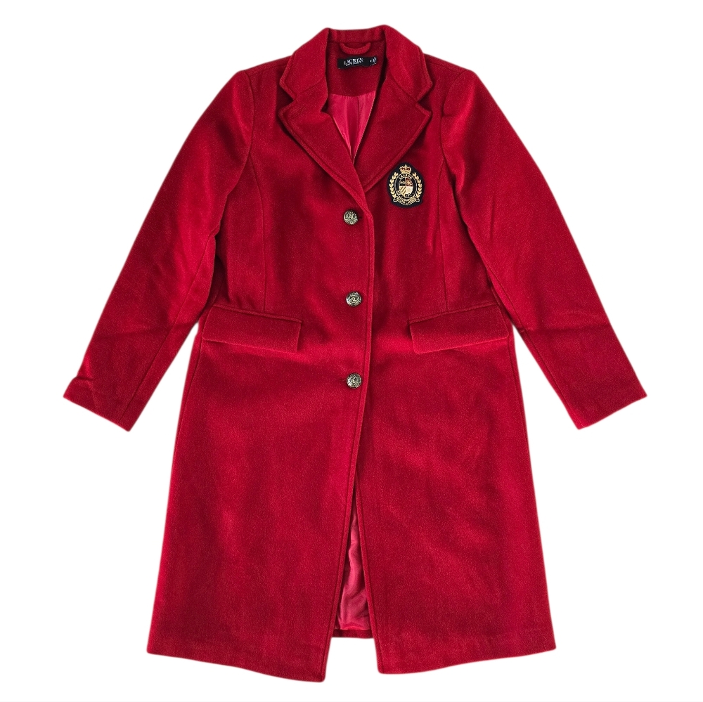 Lauren Ralph Lauren Chest Crest Patch Wool Coat In Festive Red - Picture 2 of 11